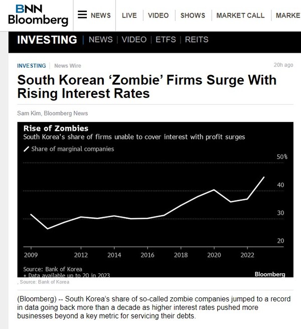 27일(현지시각) 블룸버그가 한국은행 금융안정보고서를 인용해 만든 표. 2012년부터 2022년까지 우상향하는 화살표를 볼 수 있다. 사진=블룸버그 홈페이지 캡처  